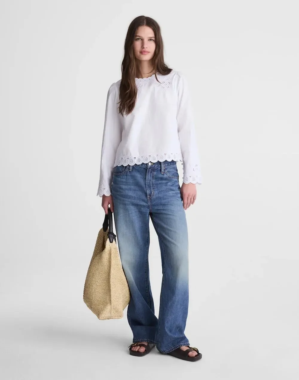 Madewell Women's Embroidered Puff-Sleeve Top in Poplin White Size Small NWT